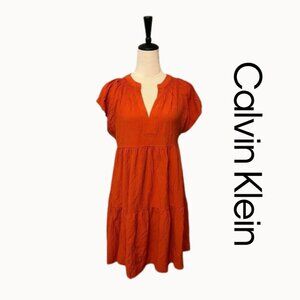 Calvin Klein Gauze Split Neck Tiered Swing Dress - Size 12